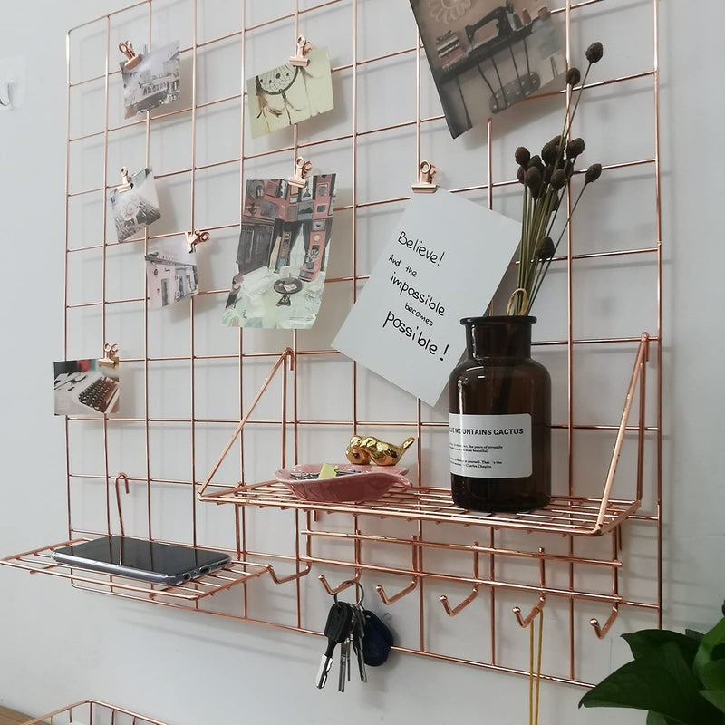 GRIDYMEN Multifunction Electroplated Bling Metal Mesh Grid Panel, Wall Photo Artwork Display and Organizer for College Dorm Living Room, Pack of 1 Pcs, 23.6" x 23.6", Rose Gold - Image 1
